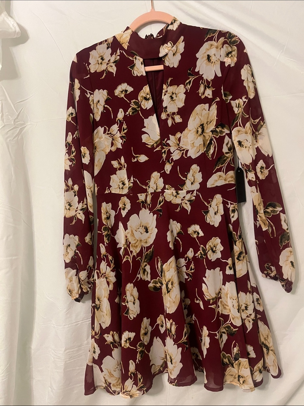 Long-Sleeve Floral Mini Dress in Burgundy